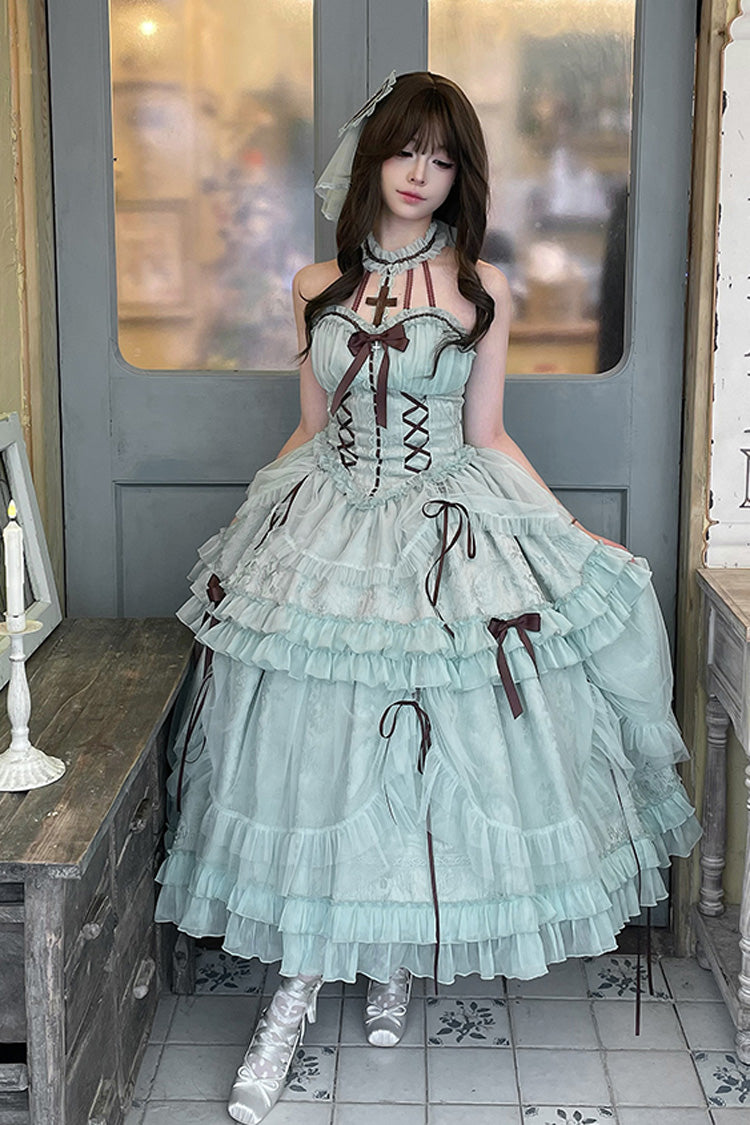 Mint Green Cross Halterneck Lace-Up Princess Sweet Lolita Dress - Ruffled Lace