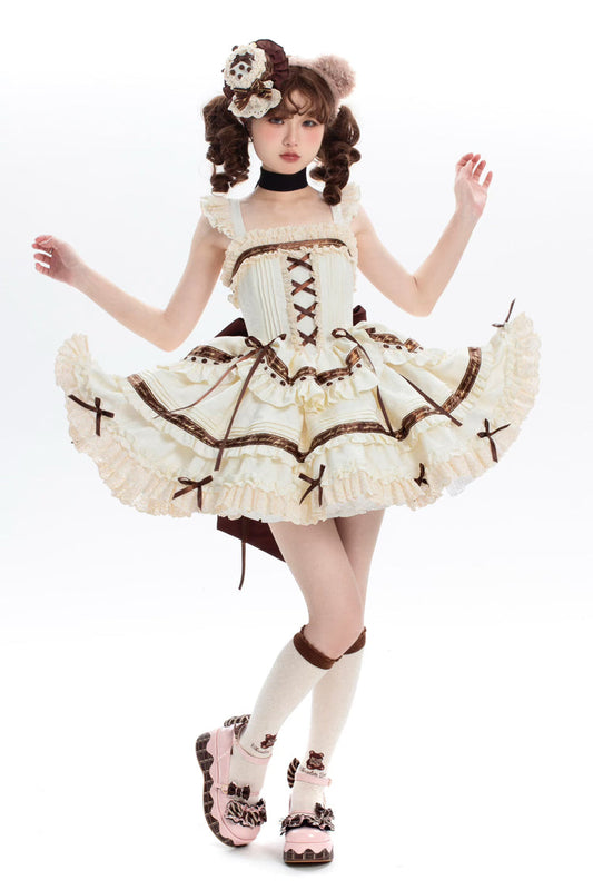 Double-Layered Ruffle Bowknot Sweet Plus Size Ivory Chocolate Sleeveless Jsk Dress