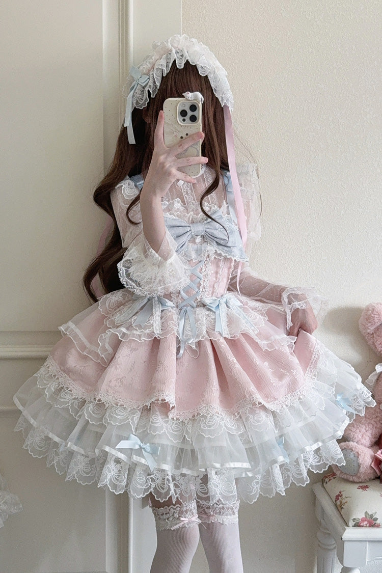 Pink Sweet Ballet Lace Ruffle Sleeveless Bowknot Jsk Dress - Fleishi Island