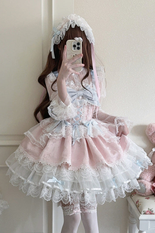 Pink Sweet Ballet Lace Ruffle Sleeveless Bowknot Jsk Dress - Fleishi Island