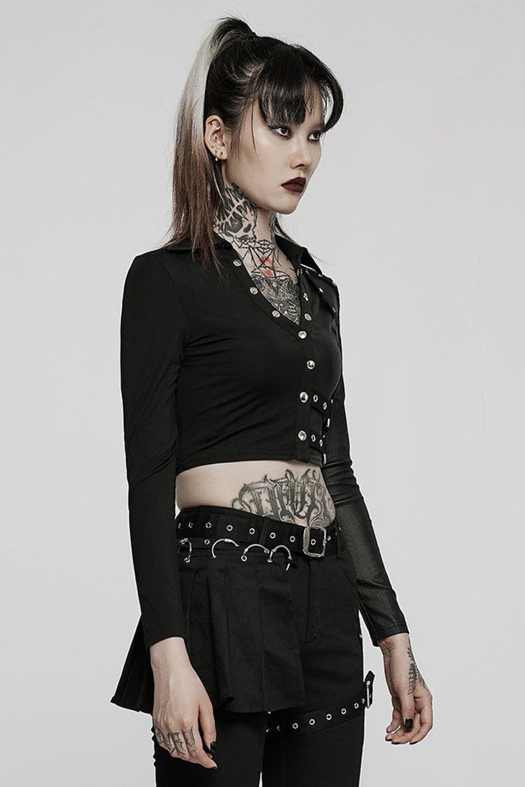 Gothic Cropped Polo Tee with Slim Fit, Straps, Long Sleeves