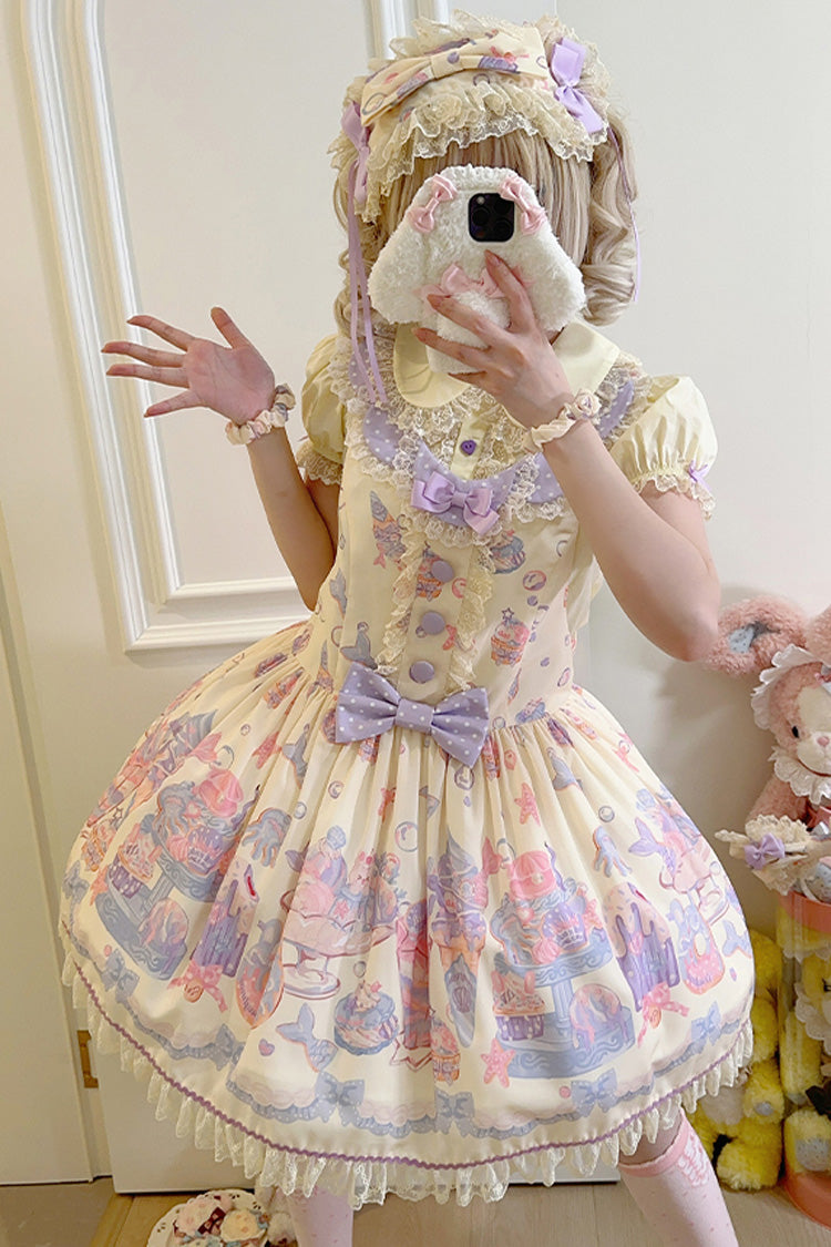 Cream Soda Mermaid Print Yellow Bow Lace Sweet Lolita Strap Dress