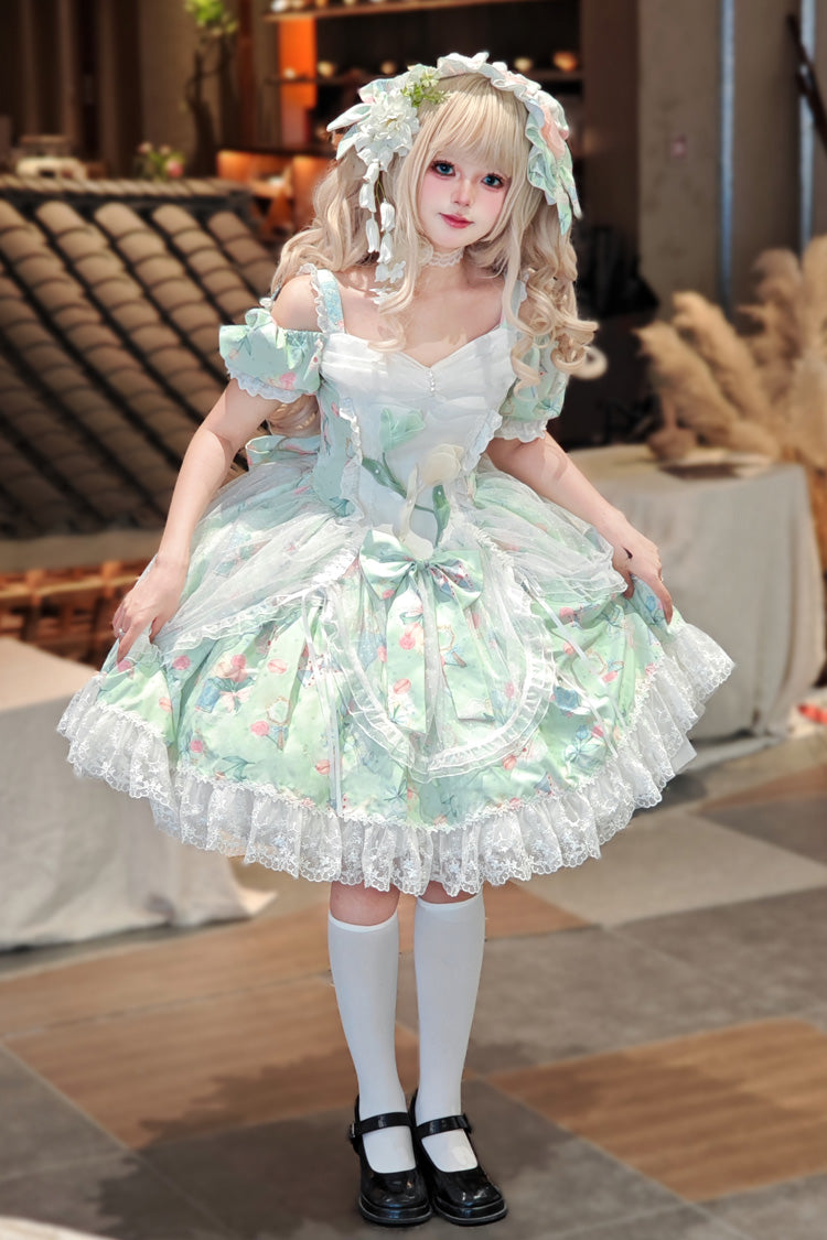 Green Off-Shoulder Print Ruffled Bow Lace Sweet Elegant Dress - Tulip's Letter
