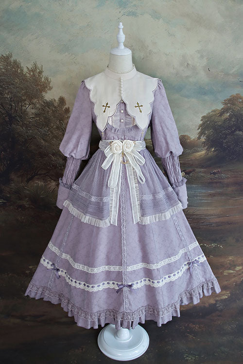 Mauve Cross Dark Church Lace Long-Sleeved Ruffled Classic OP