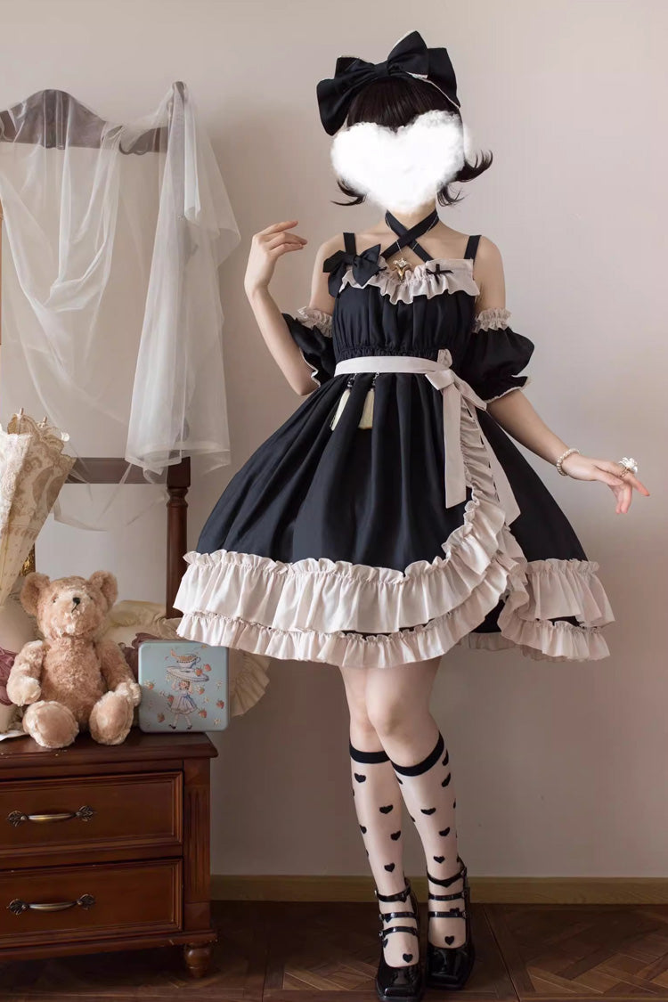 Sleeveless High Waist Ruffle Bow Asymmetric Gothic Lolita Jumper Dress - Black