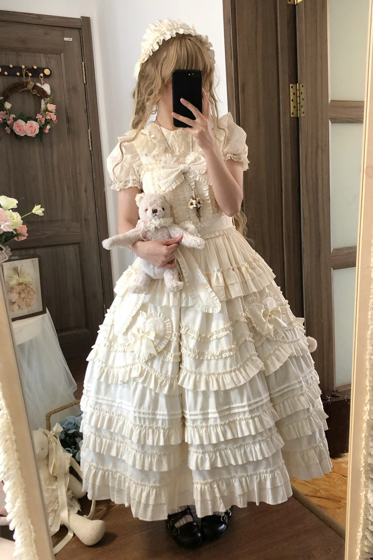 Apricot Sweet Lolita JSK Dress with Multi-Layer Ruffles and Bow Accents