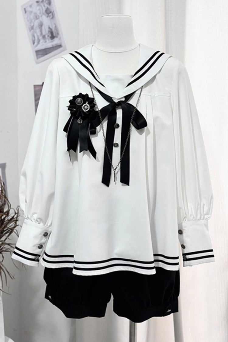 Old Stories Navy Collar Long-Sleeve Bow Ouji Gothic Lolita Set