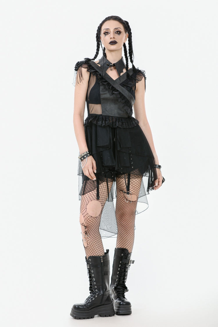 Layered Ruffled Sheer Mesh Punk Dress with V-Neck
