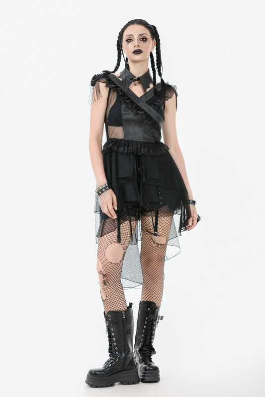 Layered Ruffled Sheer Mesh Punk Dress with V-Neck