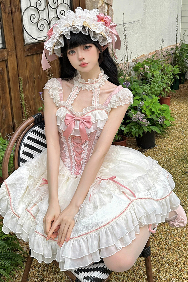 White & Pink Secret Garden Multi-Layer Ruffled Bow Lace-Up Sweet Princess Lolita JSK