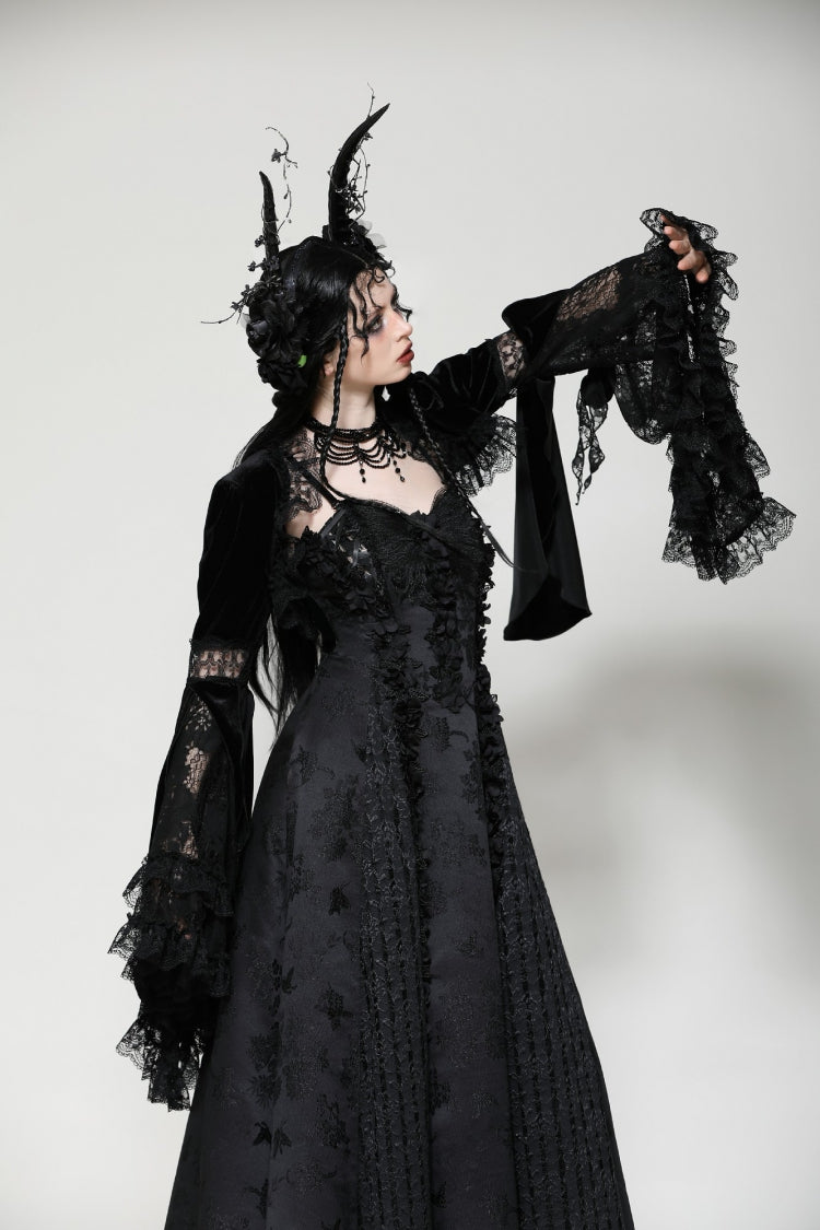 Jet-Black Gothic Cape with Flared Sleeves and Ruffled Lace Trim