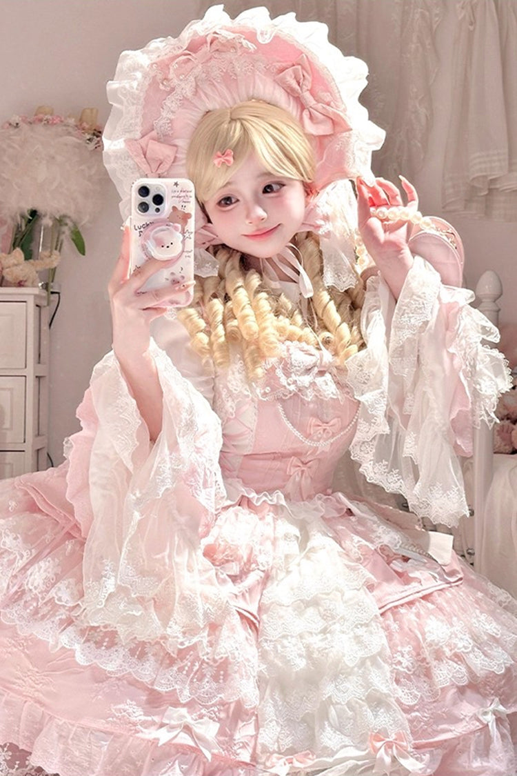 Sleeveless Multi-Layered Ruffle Embroidery Bowknot Lace Pearl Lolita Jsk Pink