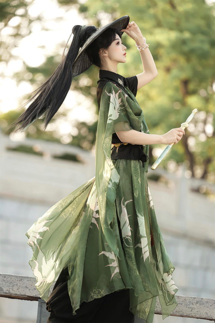 Embroidered Lapel Collar Short Sleeve Wuxia Hanfu Pants Set