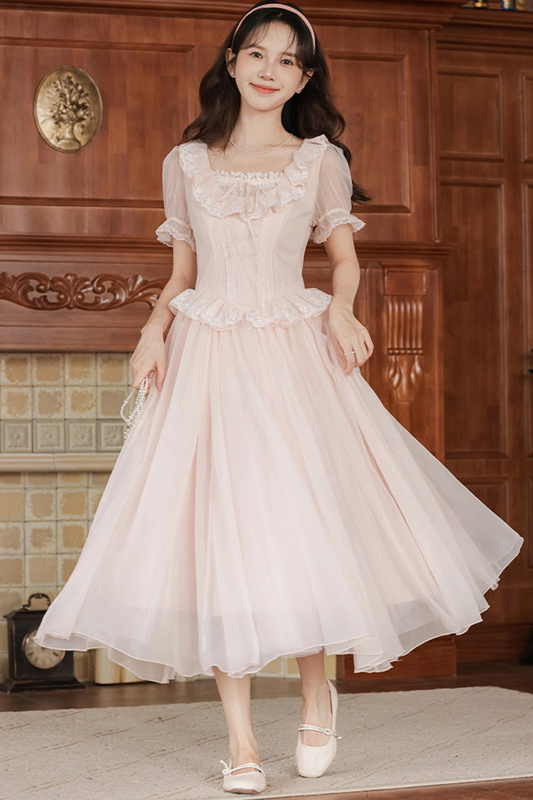 Blush Pink Square-Neck Puffed-Sleeve Embroidered Lace French Sweet Jumper Dress