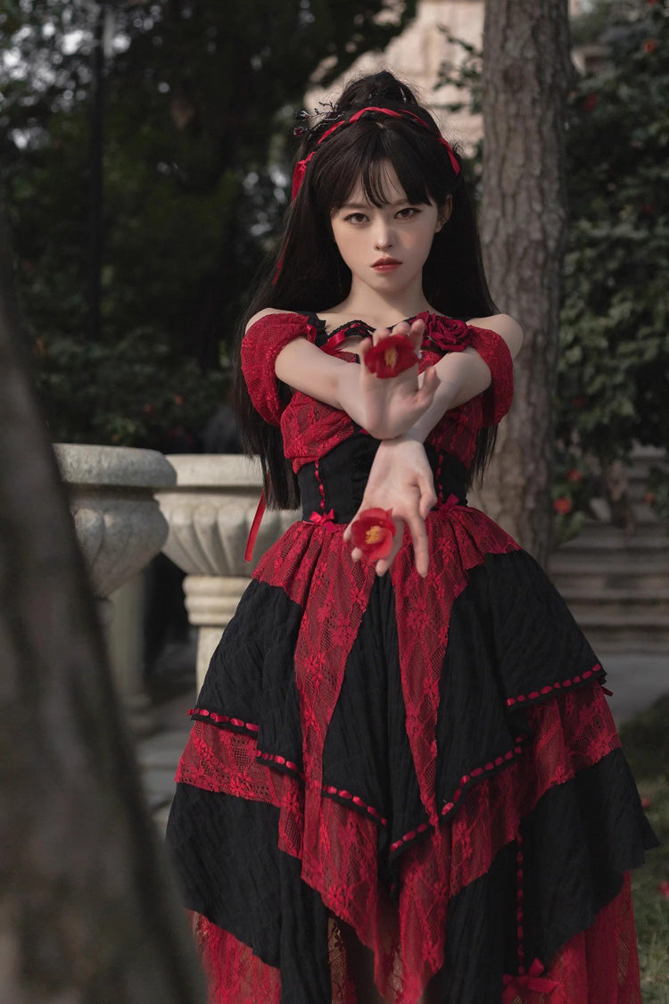 Red and Black Sleeveless High-Waist Print Asymmetric Gothic Lolita JSK
