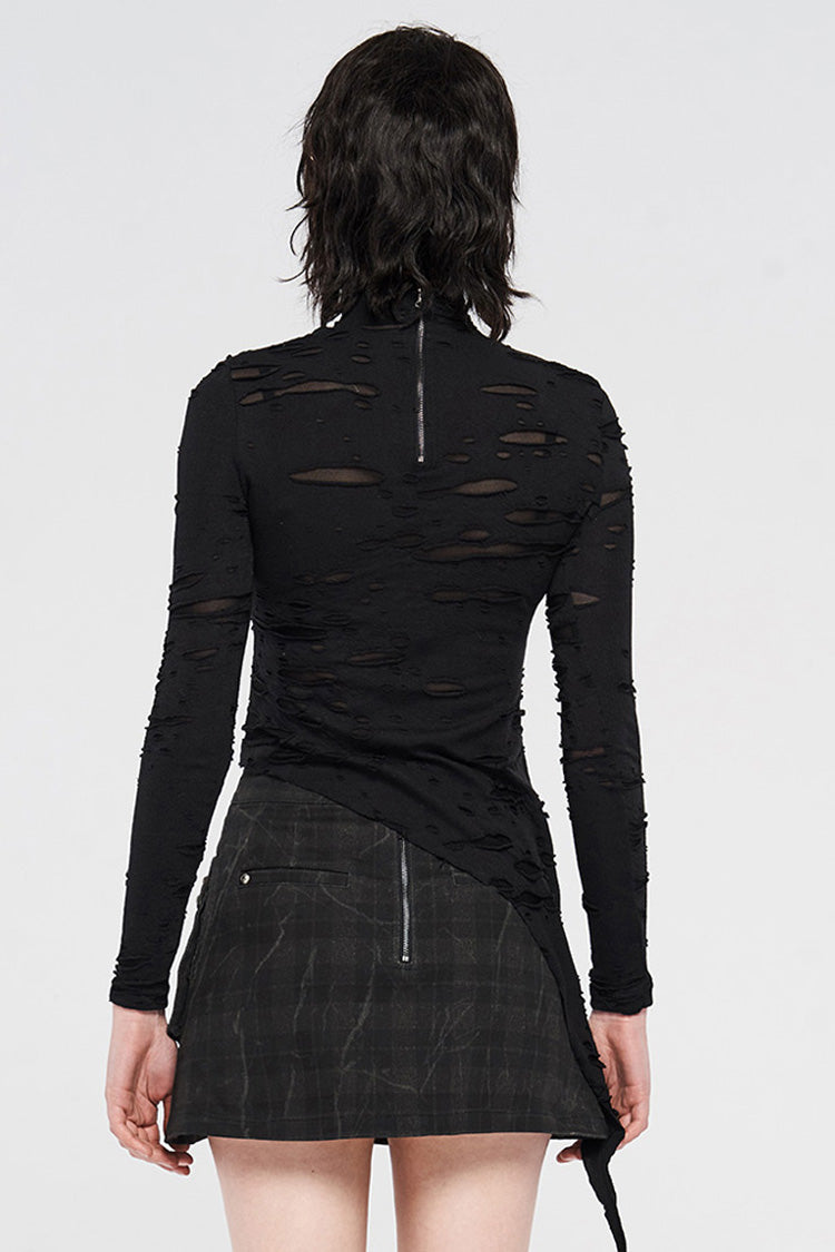 Jet-Black Mesh Top with Cutout Chest, Strappy Hem and High Neckline for Women