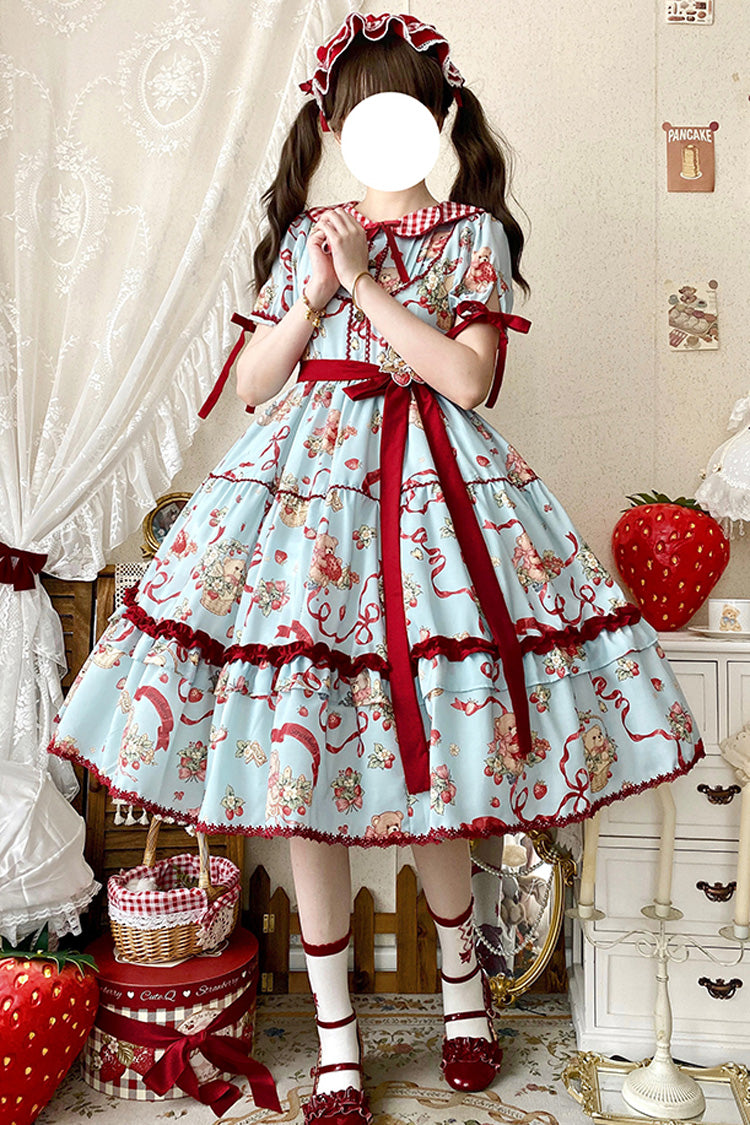 Bear Strawberry Garden Collar Short Sleeve Print Bow Sweet Lolita Dress