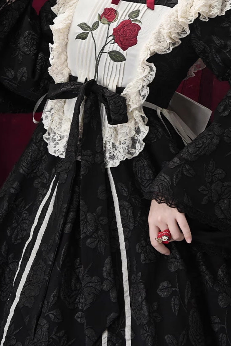 Black Double-Layered Ruffled Embroidered Bow Lace Gothic Nun Dress - Rose Choir