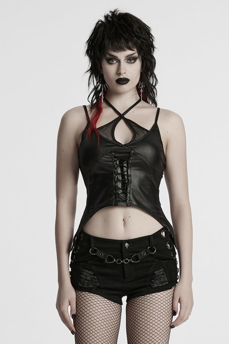 Deep Black Plunging Lace-Up Irregular Sleeveless Halter Punk Top