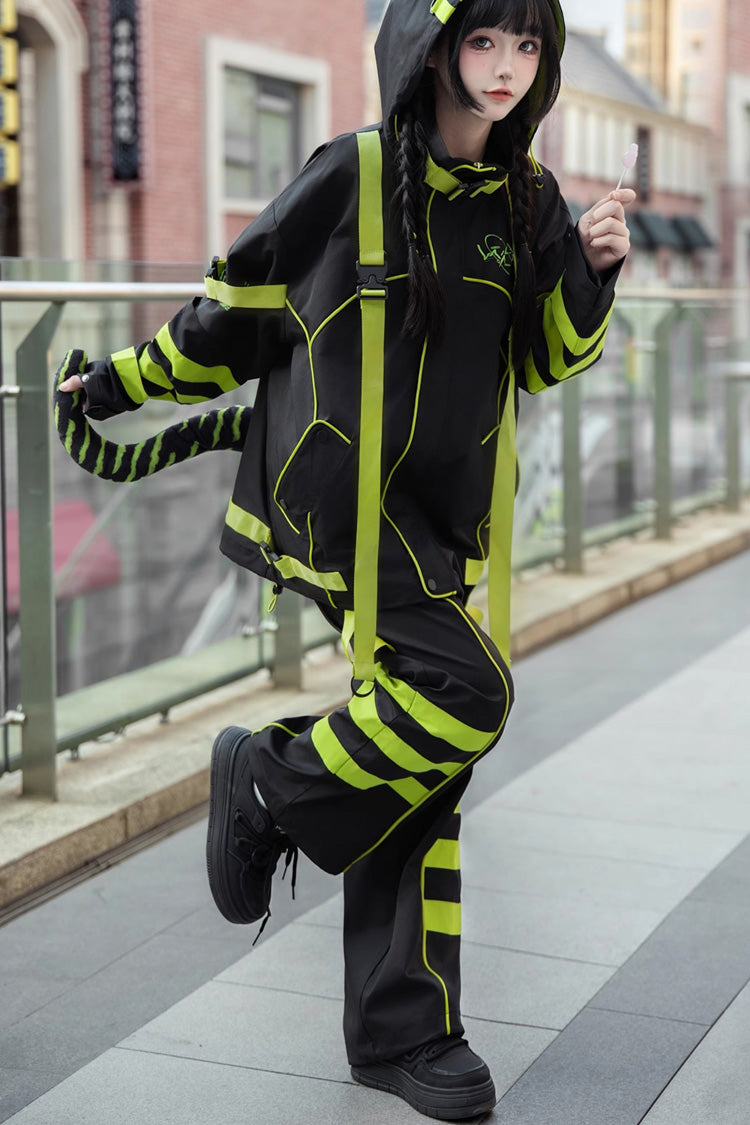 Yellow/Green/Black Long Sleeve Cat Ear Hooded Jirai Kei Coat