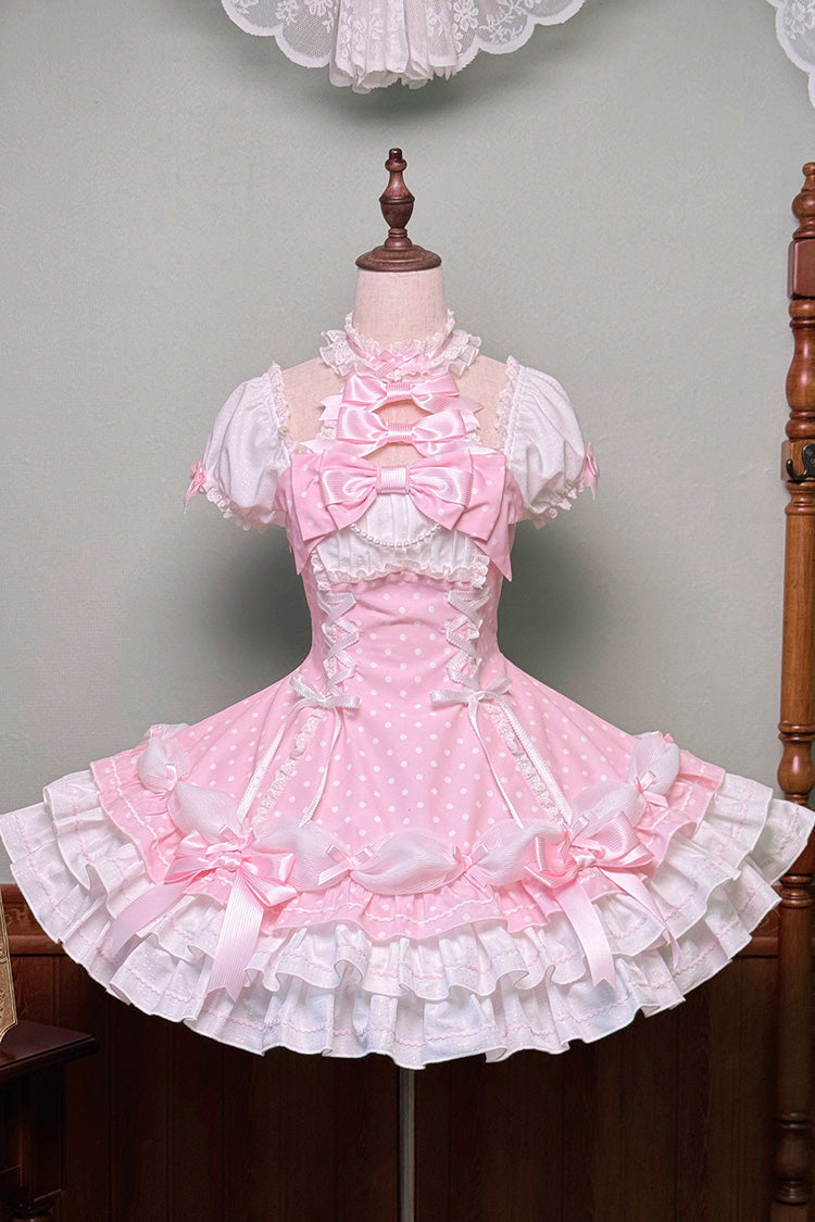 Pink Halter Polka Dot Bow Lace-Up Lolita Gown