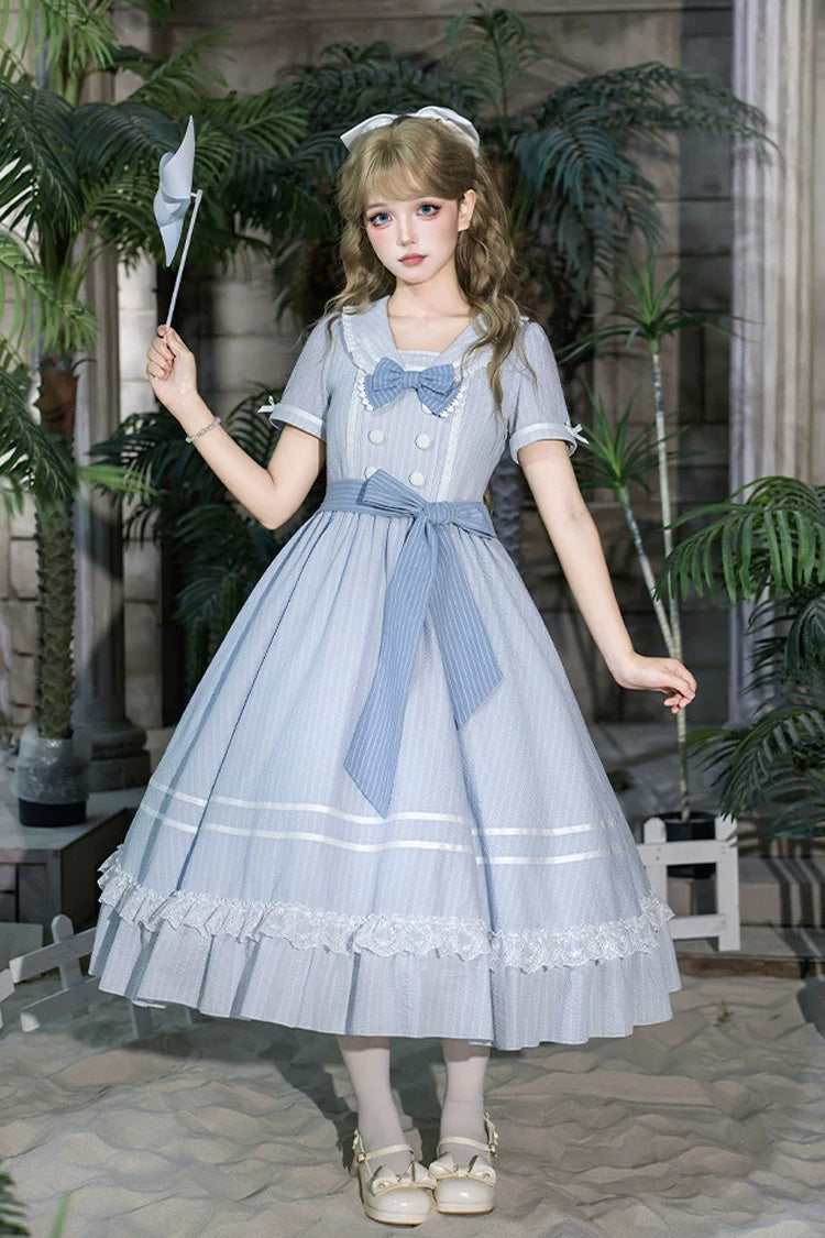 Sweet Lolita Dress with Printed Ruffled Bow and Navy Collar - Blue