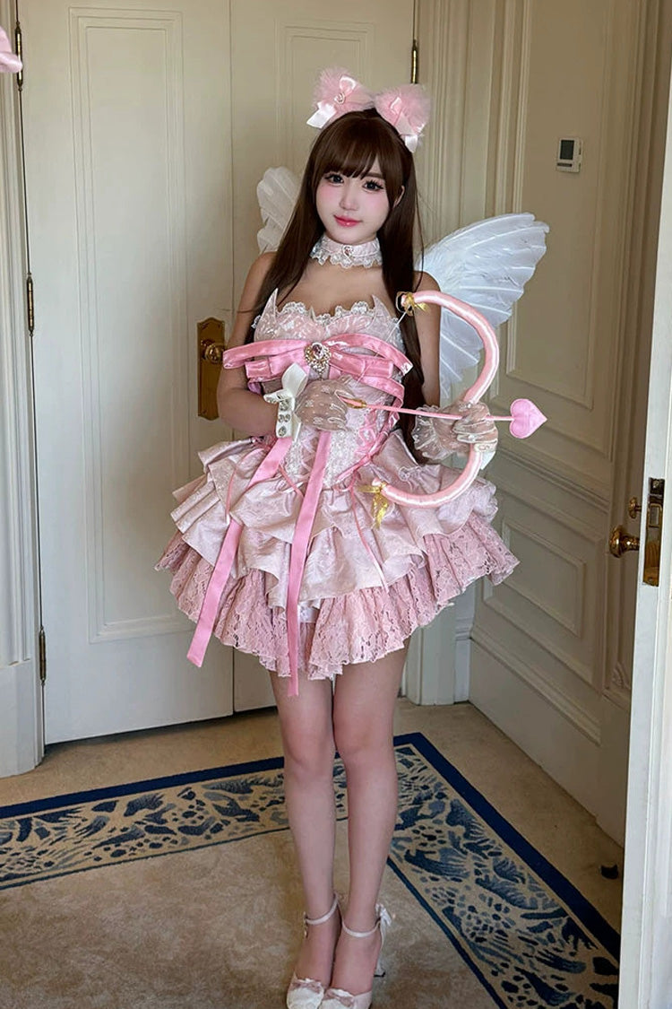 Princess Ballet Sweet Lolita JSK Dress with Ruffled Bow and Lace-Up - Pink