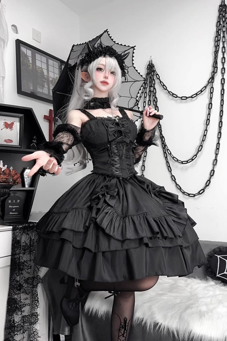 Triple-Layered Lace-Up Gothic Skirt Set in Black
