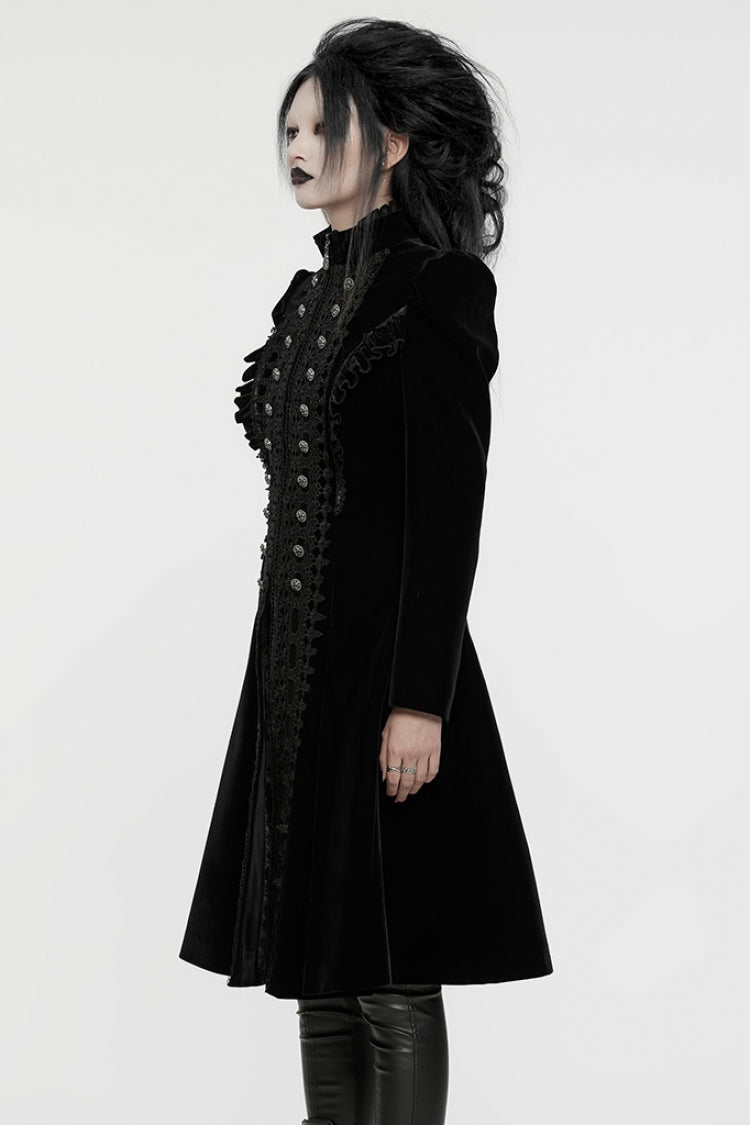 Jet-Black Gothic Coat with Puffed Sleeves and Floral Embroidery