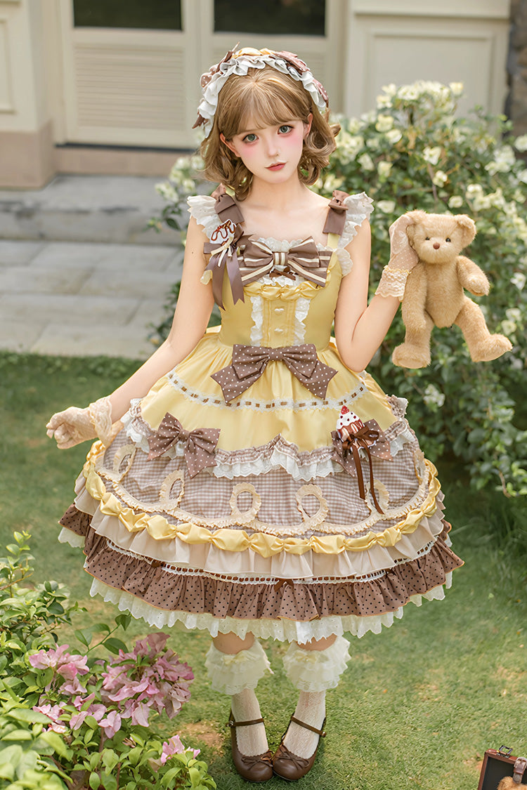 Polka Dot Cake Multi-Layered Printed Ruffled Sweet Lolita OP - Yellow/Brown
