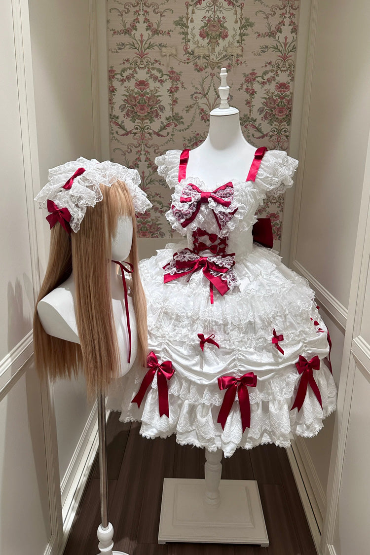 Ivory and Red Silk Gift Box Square Neck Sleeveless Layered Ruffled Bow Lace Sweet Lolita JSK