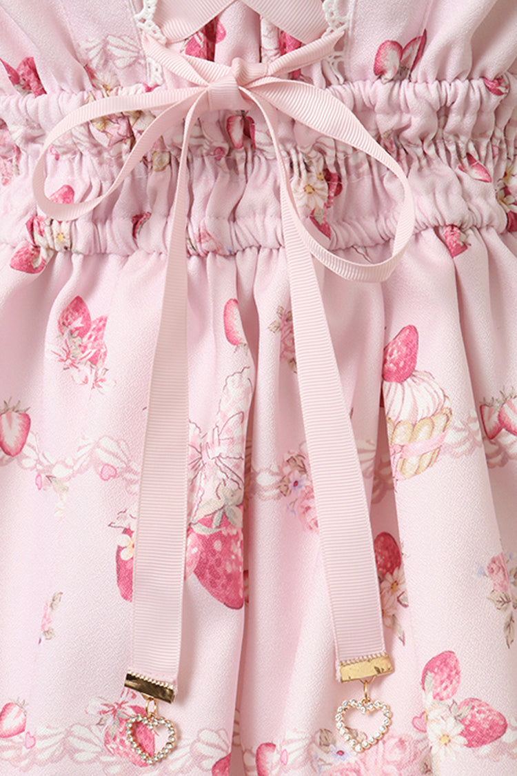 Creamy Berry Print Puff-Sleeve Lace-Up Sweet Jirai Japanese Dress - Pink