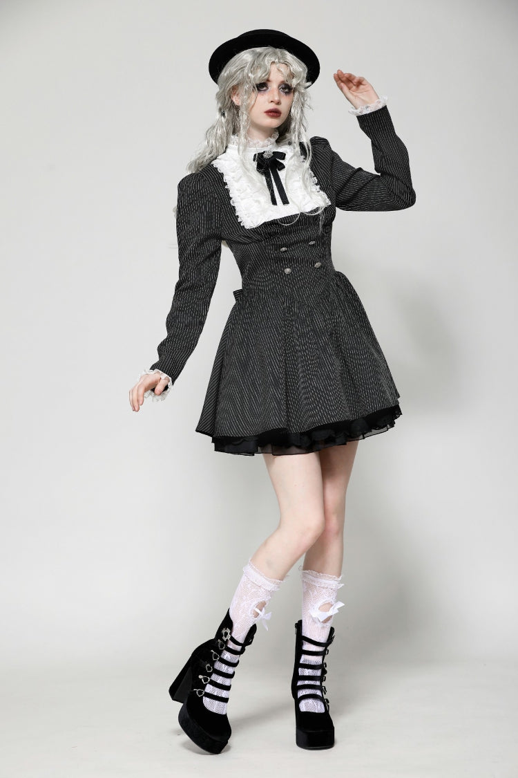 Black/White Striped Lace-Up Gothic Dress with Bow