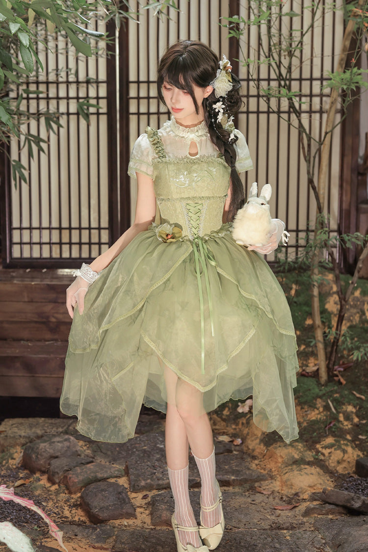 Fragrance Stand Collar Short Sleeves Multi-Layered Printed Ruffled Bow Lace Irregular Chinese Style Sweet Lolita Dress 2 Colors - Green/Pink