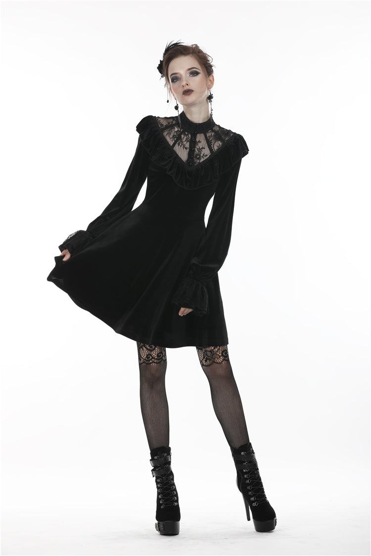 Deep V-Neck Ruched Velvet Lolita Dress with Lace Details