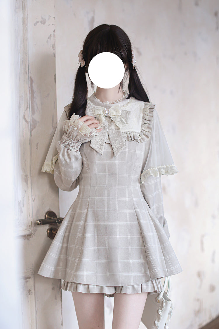 Tan Cocoa Brownie Plaid Bow-Trimmed Jirai Dress
