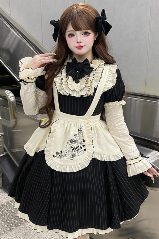 Stripe Print Ruffle Bowknot Sweet Plus Size Maid Black Short Sleeves Dress