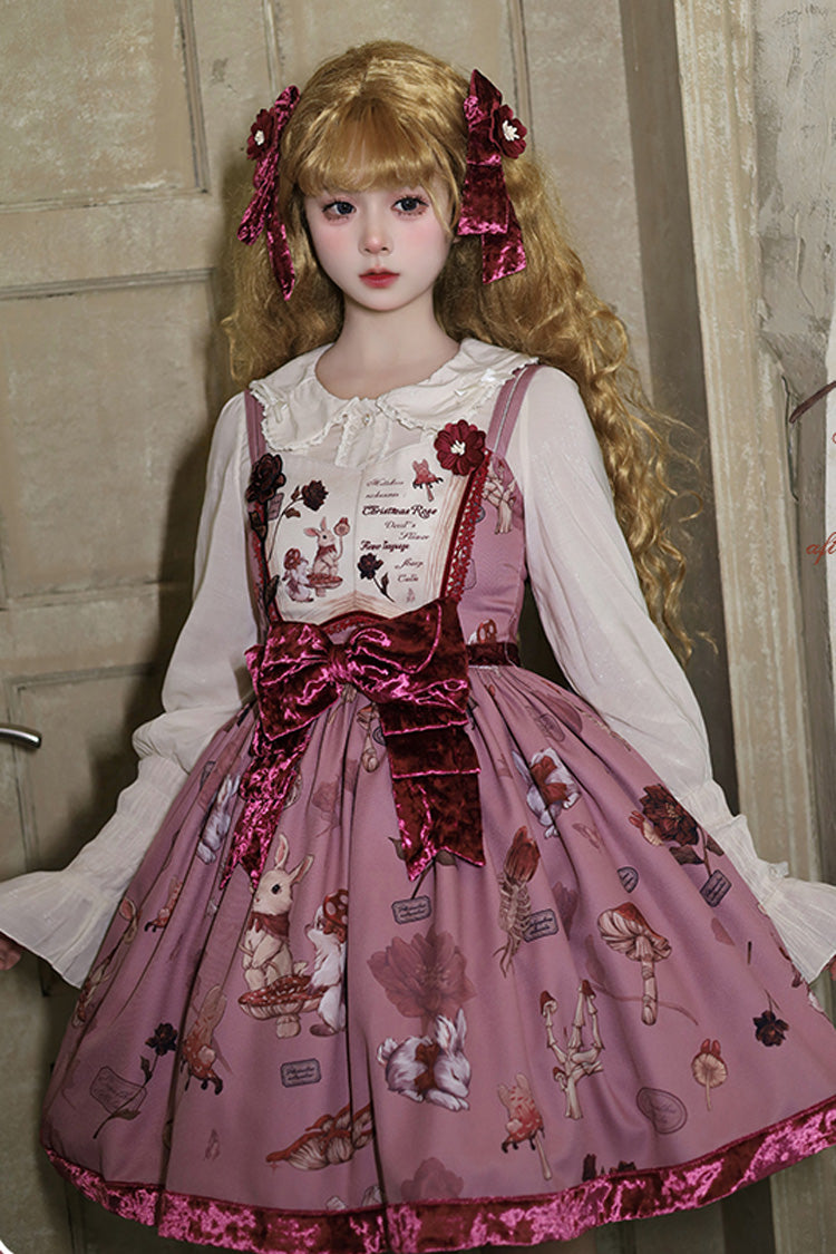 Sleeveless Rabbit Sunflower Print Ruffle Embroidery Bow Sweet JSK Dress Short in Red