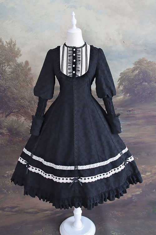 Black Cross Church Lace Long Sleeve Ruffled Classic Lolita OP Dress - Altfashion Shop
