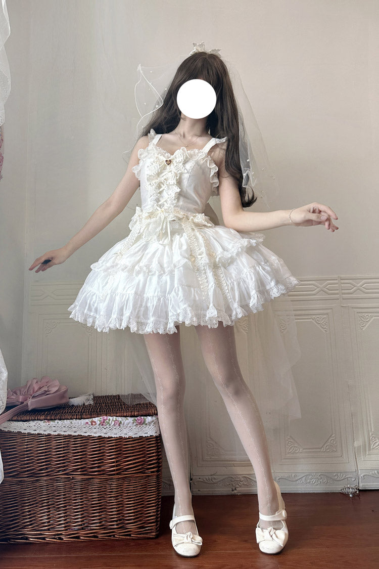 Ivory Ruffle Bowknot Lace-Up Skirt Set - Sweetheart Splolita
