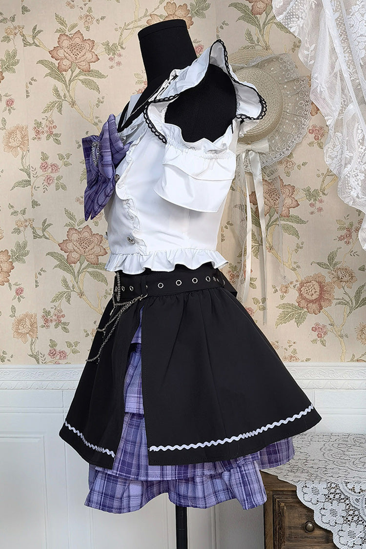 Black and White Bow-Trimmed Short-Sleeve Jirai Skirt Ensemble
