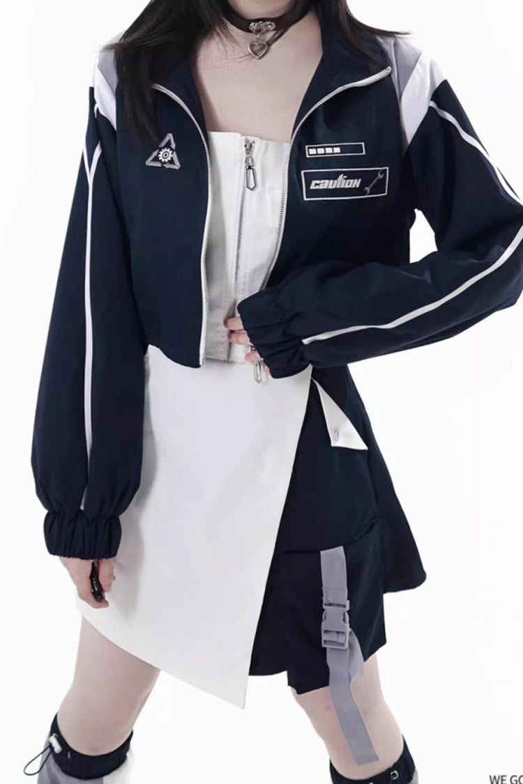 Blue/White Message Overload Techwear Long Sleeves Embroidered Asymmetric Zippered Jirai Kei Dress & Coat Set