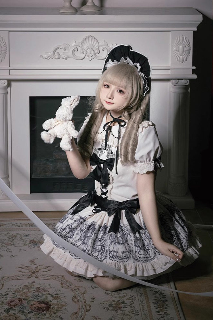 Gothic Doll Night Dress with Short Sleeves, Ruffles, and Bow
