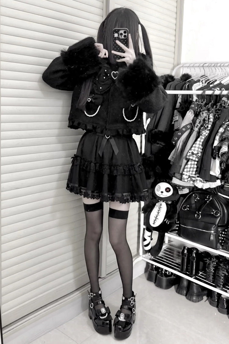 Black Bow-Trimmed Wool-Blend Gothic Jirai Kei Short Jacket