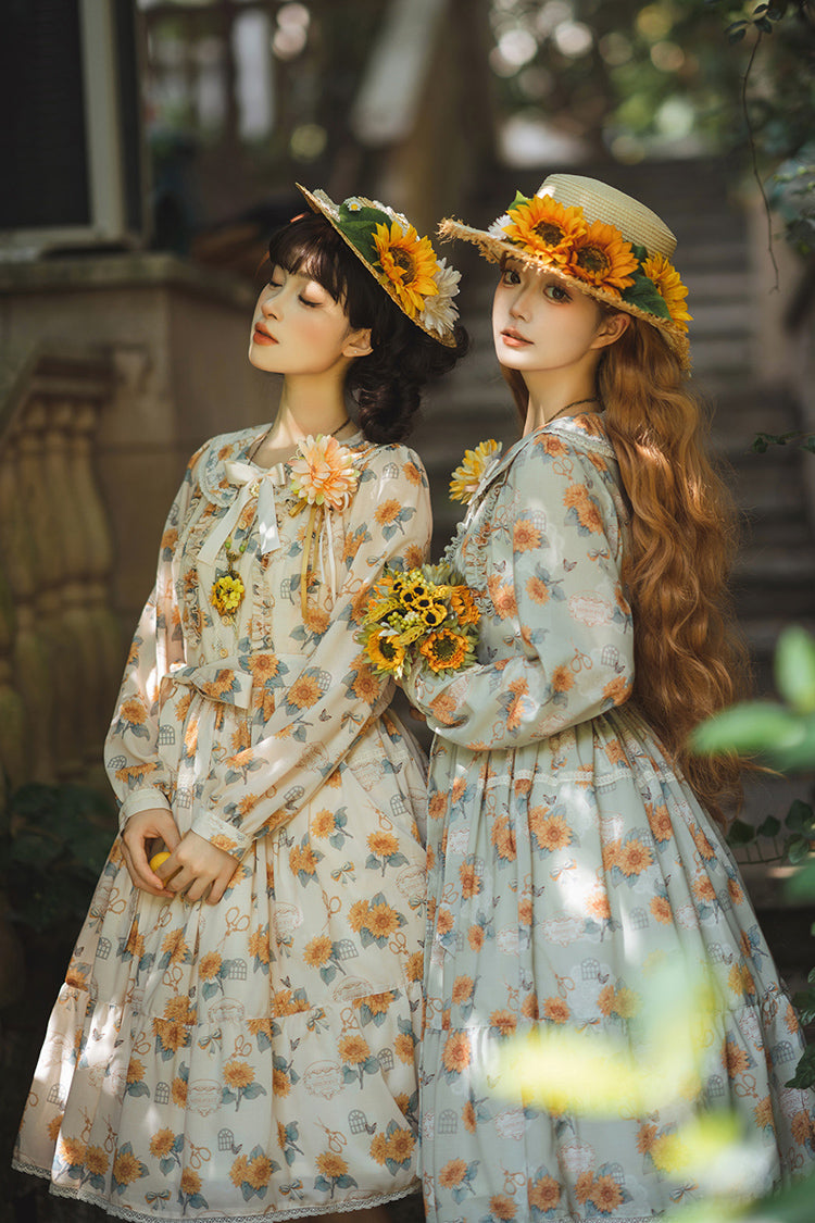 Apricot Sweet Elegant Lolita Dress with Long Sleeves Print Ruffles and Bowknot Accents
