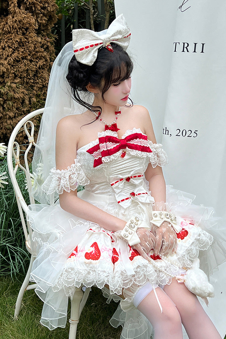 Ivory Off-Shoulder Strawberry Print Dress Set with Ruffles - True Love Strawberry