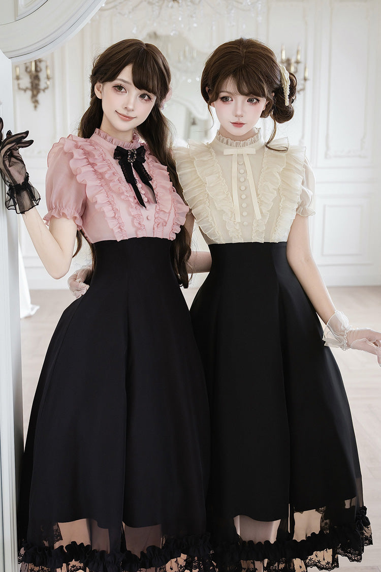 Miss Lola Snow Kiss Stand Collar Short Puff Sleeves Ruffled Color-Blocked Faux Two-Piece Sweet Lolita Long Dress 3 Colors - Black