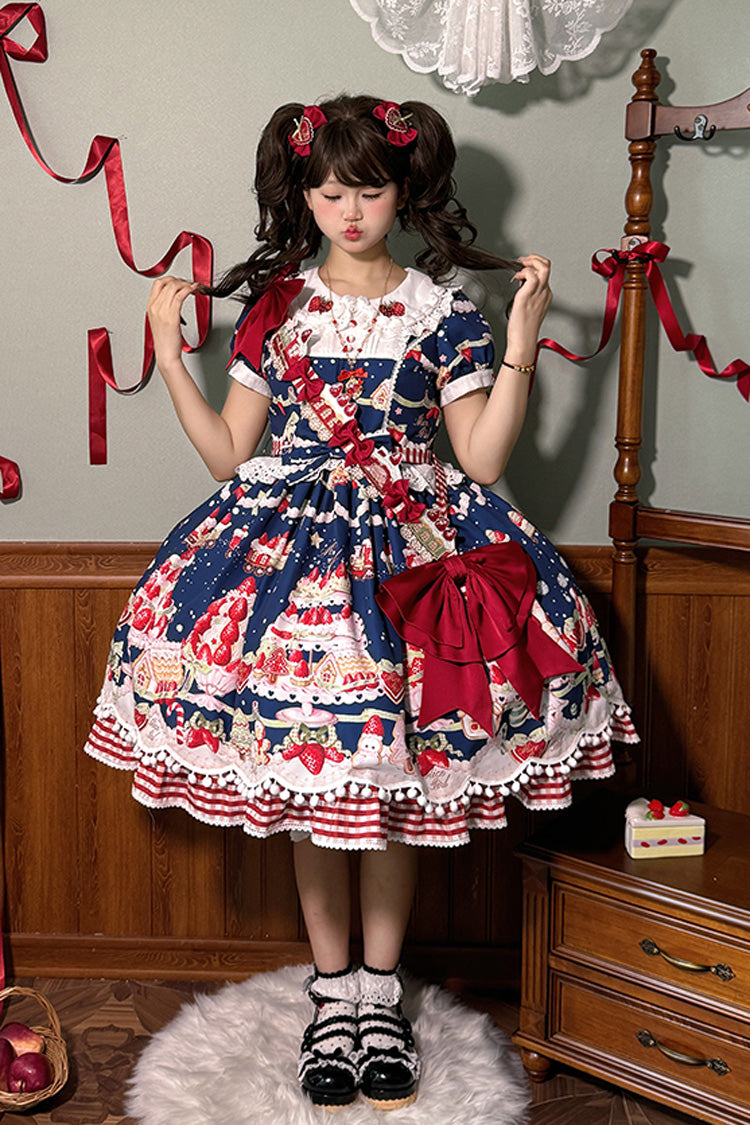Mint Strawberry Dessert Printed Sweet Lolita Dress - Doll Collar Short Sleeved