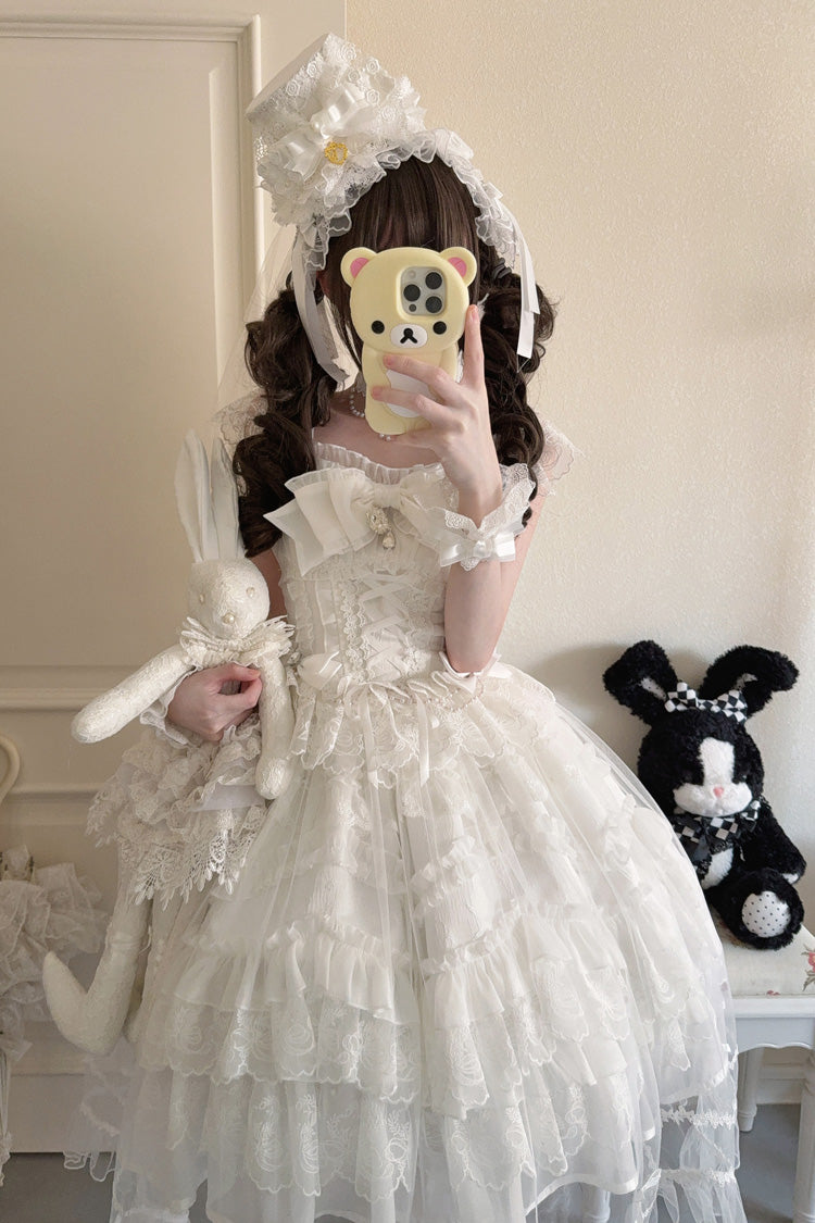 Ivory Sleeveless Multi Ruffle Bridal Bow Lace-Up JSK