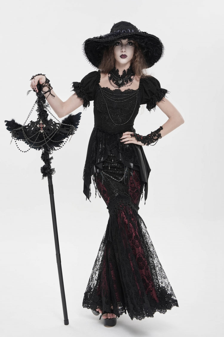 Noir & Red Embroidered Pearl-Adorned Slim Gothic Skirt